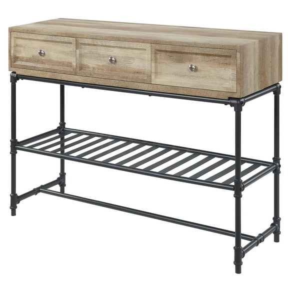 JERFIT 47.5" Industrial Sofa Table with Drawers, Oak & Black Console Table for Living Room, Metal Legs Accent Table