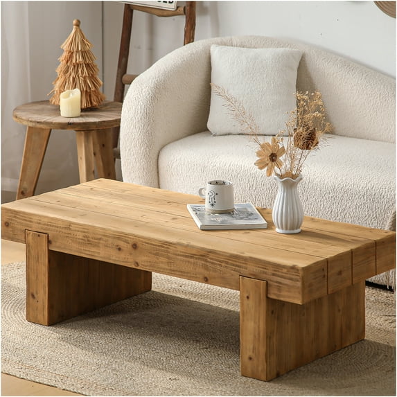 JERFIT 47.6 Inch Farmhouse Coffee Table Solid Wood, Rectangular Rustic Cocktail Table with Double Base for Living Room, Natural Wood Finish