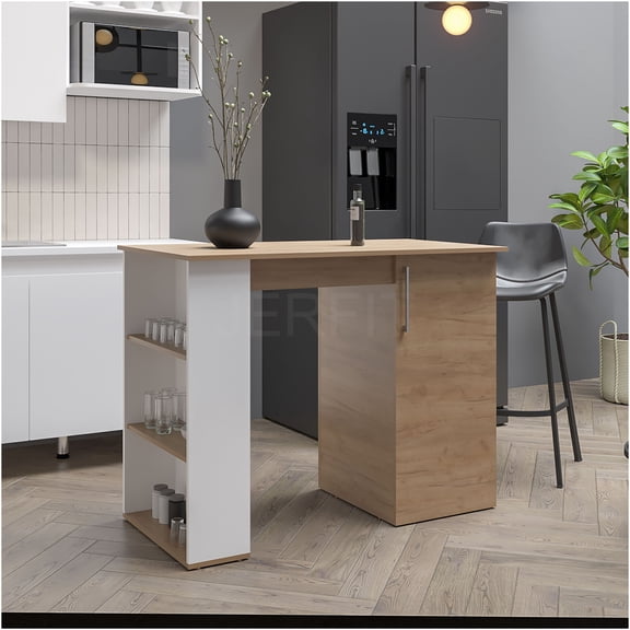 JERFIT 47 Inch Kitchen Island with Storage Cabinet and Shelves, Multi-Purpose Workstation Cart with Laminate Top for Dining, Prep, or Pub Table in White and Oak Finish