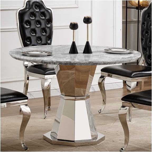 JERFIT 47 Inch Modern Round Dining Table with Faux Marble Top and Stainless Steel Base for Kitchen, Dining Room, Office (Gray Silver)
