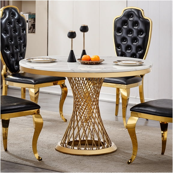 JERFIT 47 Inch Round Dining Table for 4, Modern Faux Marble Kitchen Table with Stainless Steel Gold Base for Small Space, Dining Room & Breakfast Nook
