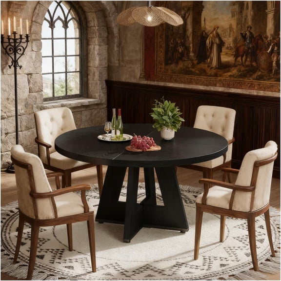 JERFIT 47 Inch Round Dining Table for 4-6, Farmhouse Kitchen Table with Pedestal Base, Black Walnut Finish