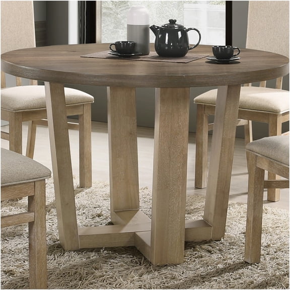 JERFIT 47 Inch Round Dining Table for 4, Solid Wood Farmhouse Kitchen Table, Vintage Walnut Finish Distressed Trestle Base
