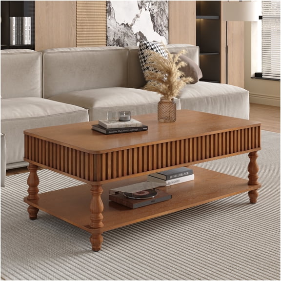JERFIT 47-inch Antique Brown Lift Top Coffee Table with Storage, Solid Wood Lift-Top Ottoman Desk, No-Tools Assembly, Farmhouse Rustic Living Room Furniture