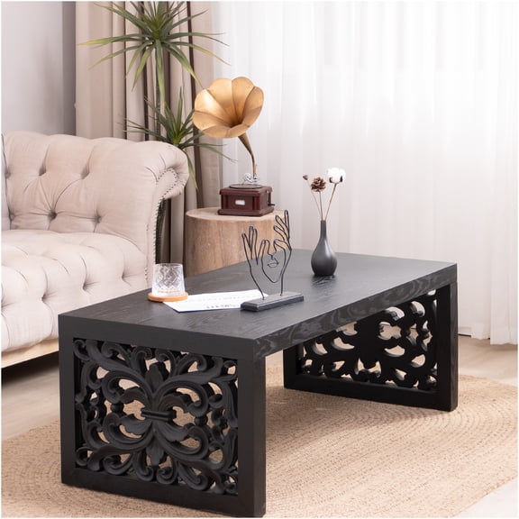 JERFIT 47 inch Black Carved Wood Coffee Table, Engineered Wood Console Table with Ornate Panels for Living Room