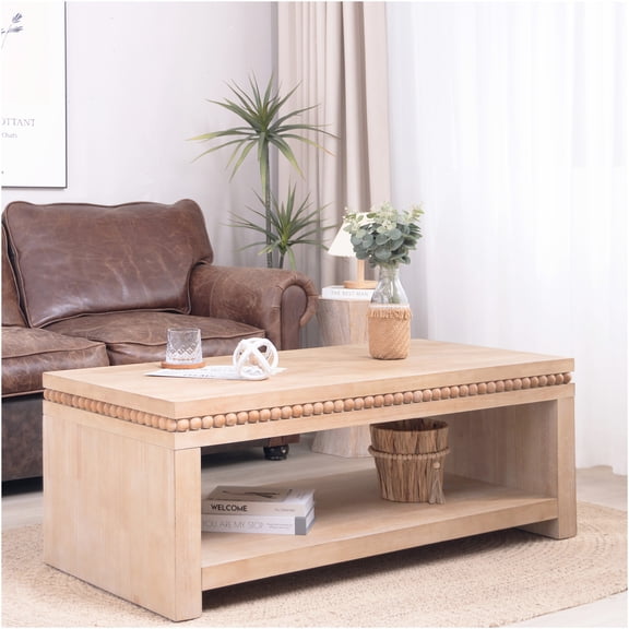 JERFIT 47 inch Farmhouse Coffee Table with Beaded Edge, Light Natural Wood Finish, Open Shelf Storage for Living Room