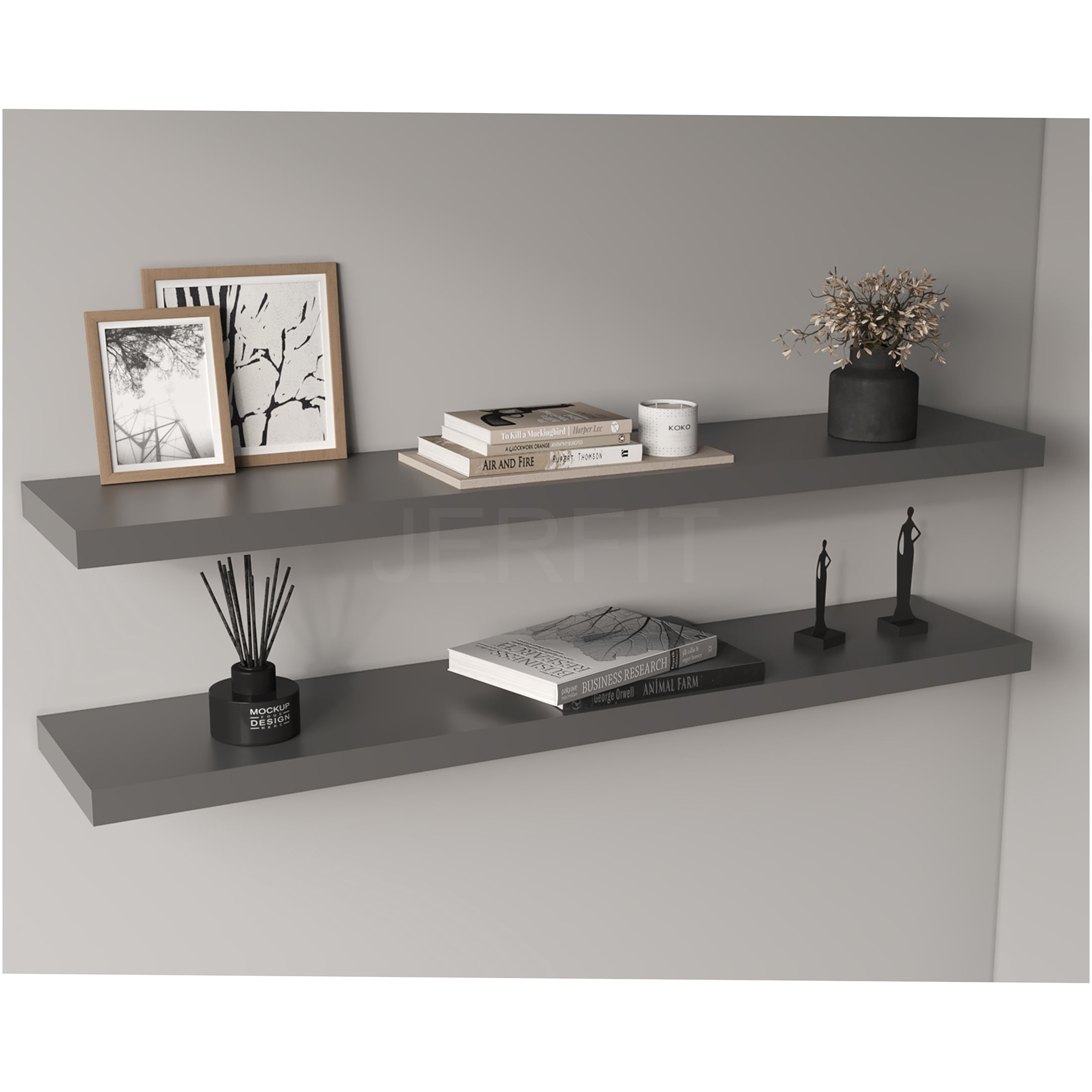 JERFIT 47 inch Floating Shelves Set of 2, Modern Wall Mounted Shelves for Living Room, Bedroom, Bathroom, Hidden Brackets, Heavy Duty MDF, Space Saving Storage Display Shelves in Grey