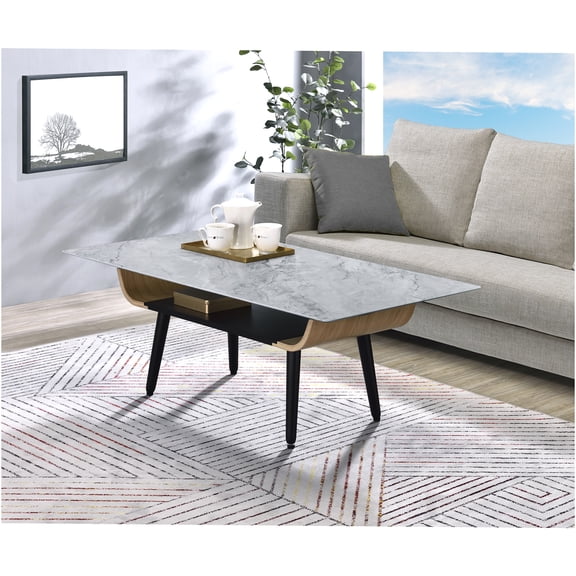 JERFIT 47 inch Modern Coffee Table with Gray Marble Glass Top, Dichromatic Shelf & Bent Wood Legs for Living Room