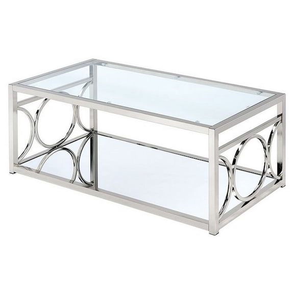 JERFIT 47 inch Modern Coffee Table with Tempered Glass Top and Mirrored Shelf, Silver Metal Frame, Accent Table for Living Room