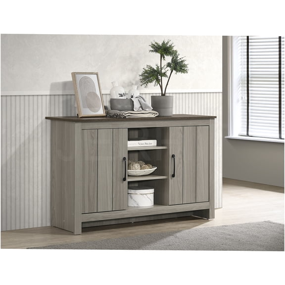 JERFIT 47 inch Modern Console Table with Storage Cabinet, 3 Open Shelves, Cable Management Hole for Entryway, Living Room, Hallway in Gray Oak Finish