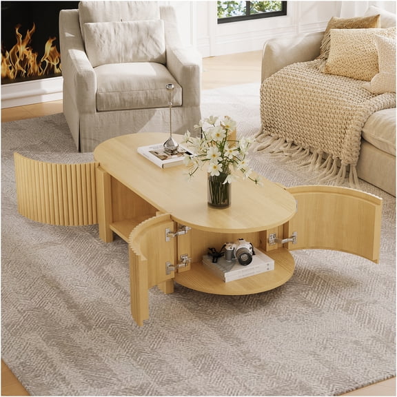 JERFIT 47 inch Modern Oval Coffee Table with Storage, Fluted Design Solid Wood Console Table with 2 Open Compartments & Bottom Shelf for Living Room, Natural Finish