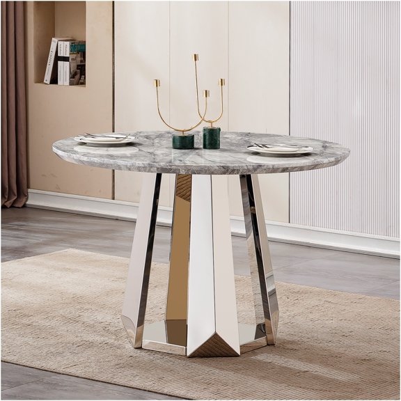 JERFIT 47 inch Round Dining Table Modern Faux Marble Kitchen Table with Stainless Steel Base for Dining Room, Office (Gray Silver)