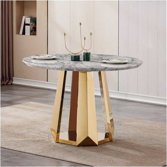 JERFIT 47 inch Round Dining Table with Faux Marble Top and Gold Stainless Steel Base for Modern Kitchen & Dining Room