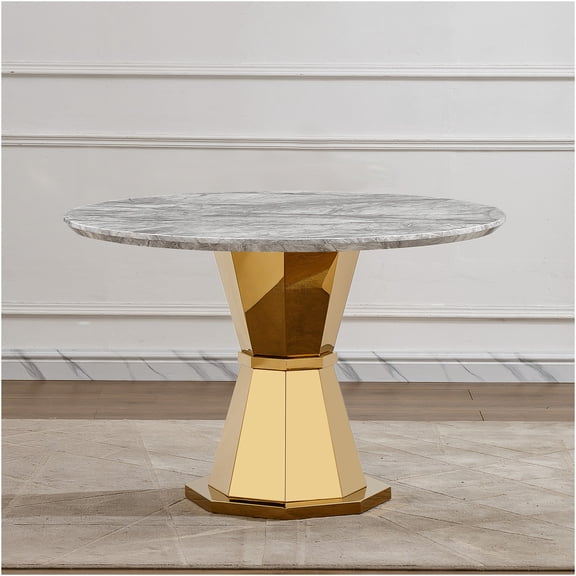 JERFIT 47 inch Round Dining Table with Faux Marble Top and Stainless Steel Base, Modern Kitchen Table for Dining Room, Office, Grey and Gold
