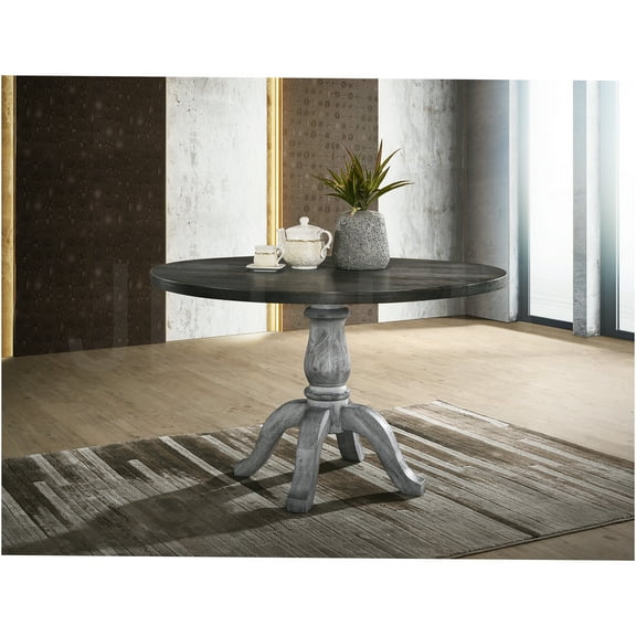 JERFIT 47-inch Round Farmhouse Dining Table for Kitchen, Solid Rubber Wood Pedestal Base, Rustic Weathered White and Gray Finish