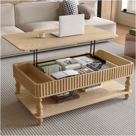 JERFIT 47 inch Solid Wood Lift Top Coffee Table with Storage, Roman Column Legs, Fluted Design for Small Space Living Room, Multifunctional Ottoman Table