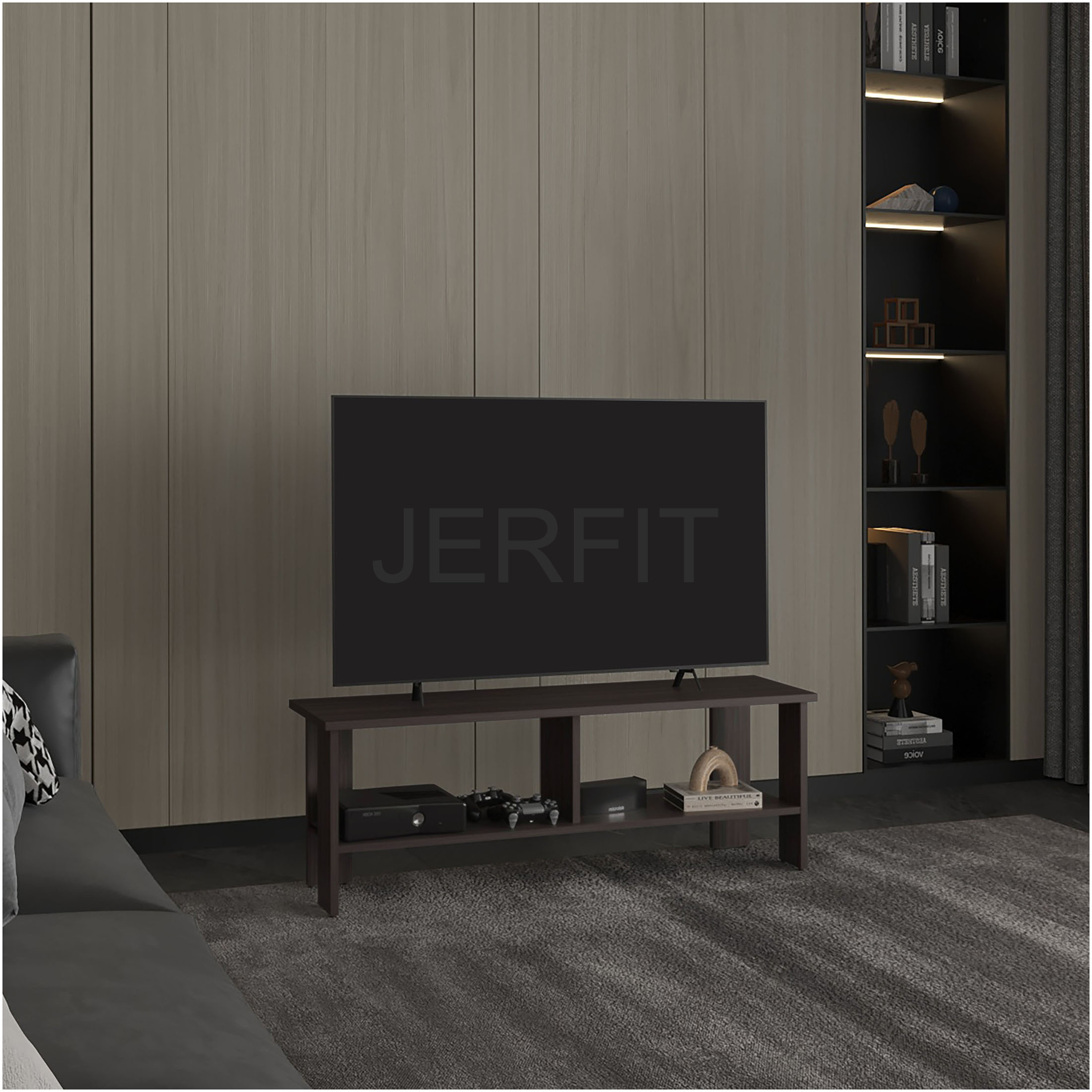 JERFIT 47 inch TV Stand with Storage Shelves, Dark Walnut MDF ...