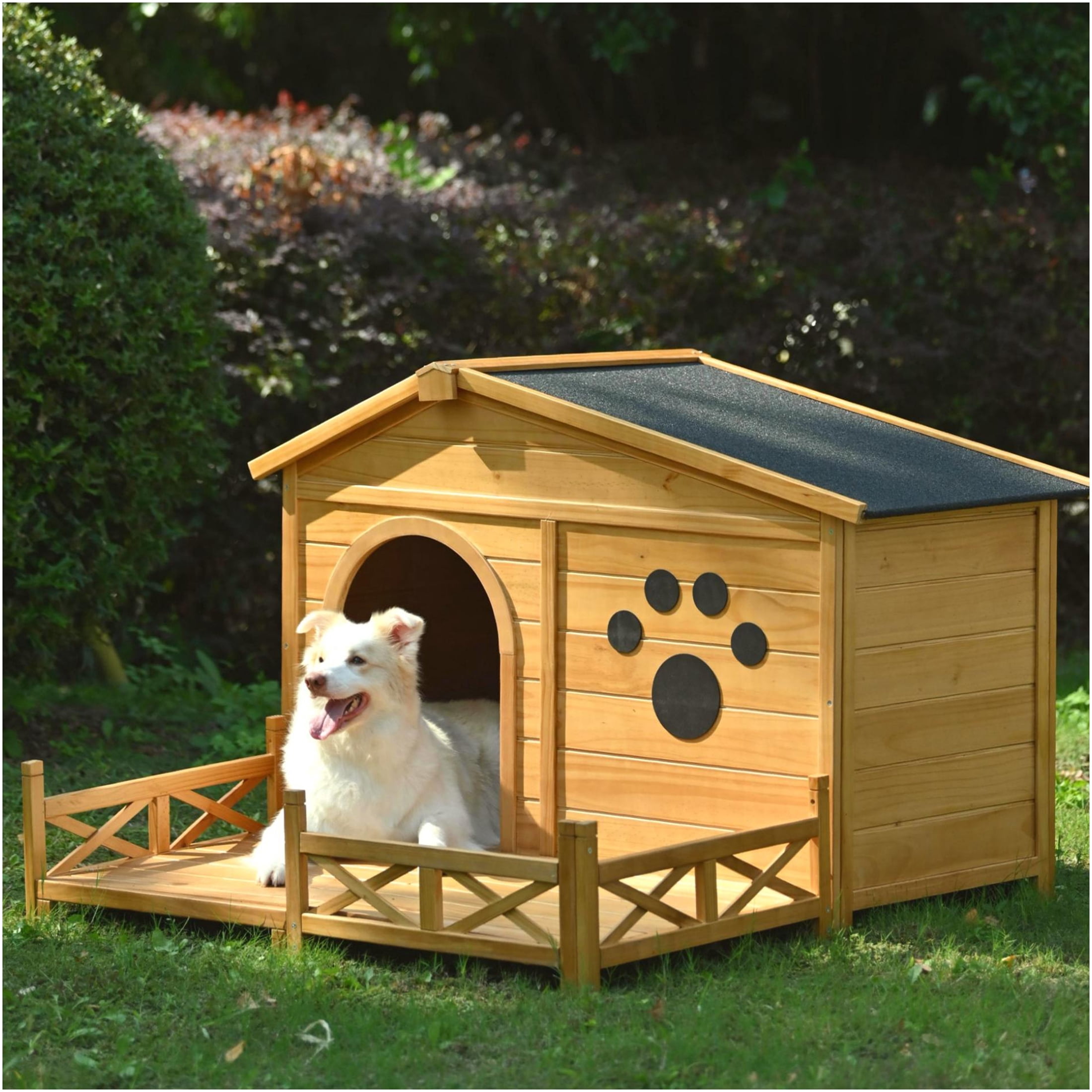JERFIT 48 Inch Medium Dog House with Porch, Waterproof Asphalt Roof & Raised Floor, All-Weather Outdoor Wooden Dog Kennel for Mid-Size Breeds Up to 66 lbs, Natural Pine