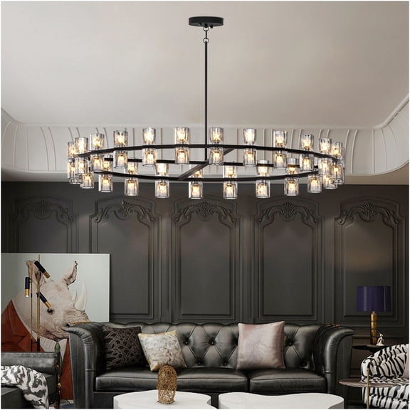 JERFIT 48 Inch Modern Crystal Chandelier for Dining Room, Black LED Ceiling Light Fixture with Double Ring Design, Warm White, Hardwired, Bulbs Included