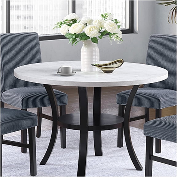 JERFIT 48 Inch Modern Round Dining Table for 4 with Lower Shelf, Black Curved Legs and White Top for Kitchen, Breakfast Nook