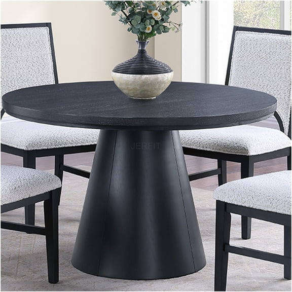 JERFIT 48 Inch Modern Round Dining Table for 4 with Unique Cone Base, Black Wood Finish for Kitchen, Breakfast Nook, Small Space