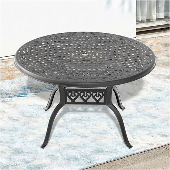 JERFIT 48 Inch Outdoor Patio Dining Table Round Cast Aluminum All-Weather Garden Table with Umbrella Hole for 6 Person