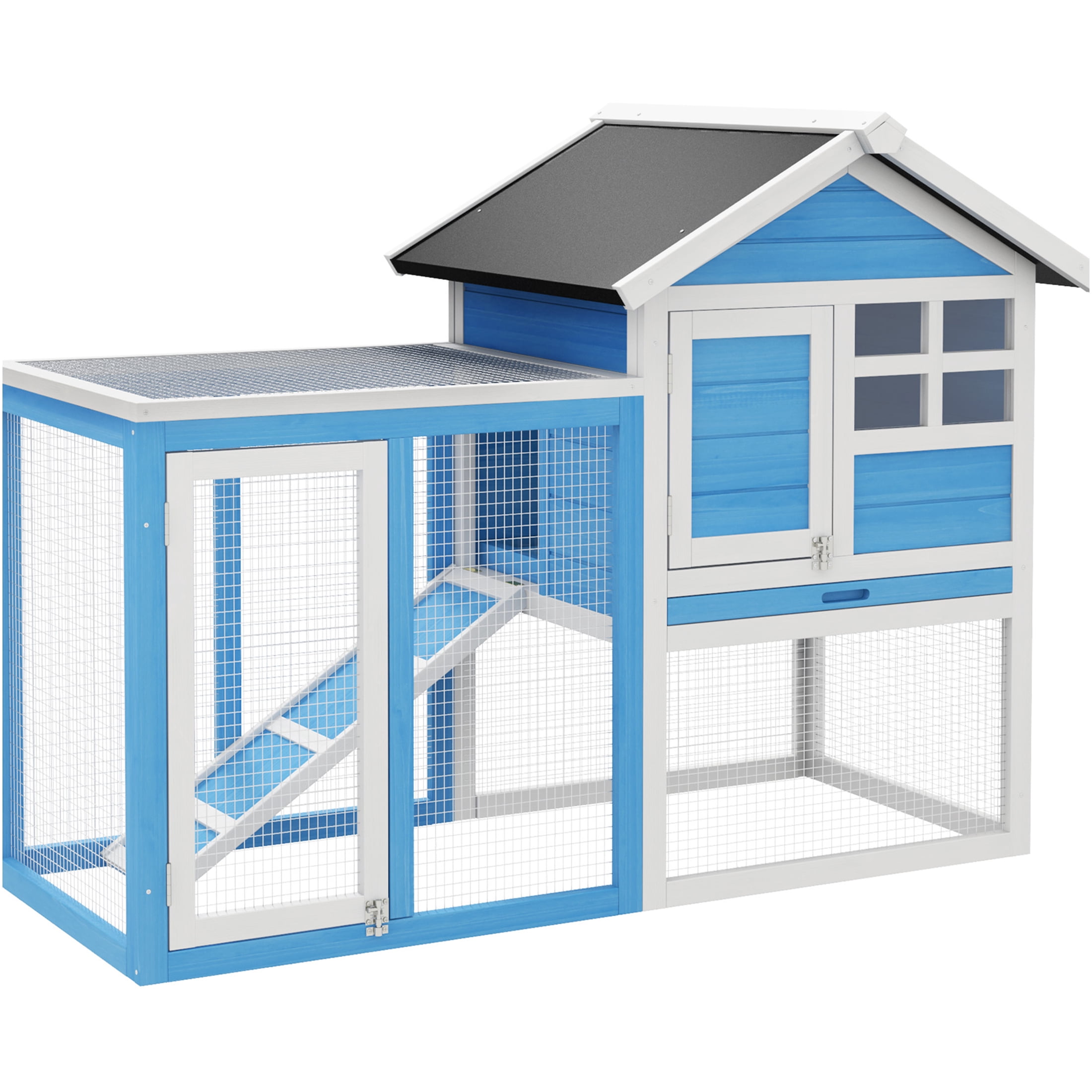 JERFIT 48 Inch Outdoor Rabbit Hutch with Waterproof Roof, Open Run Area, Removable Tray, Wooden Bunny Cage House for Rabbits and Small Animals, Blue