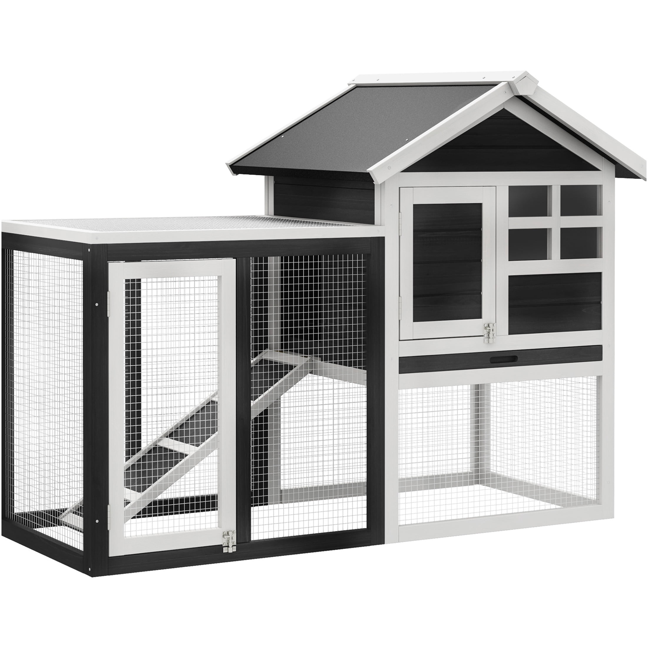 JERFIT 48 Inch Outdoor Rabbit Hutch with Waterproof Roof, Removable Tray & Ramp, Bunny Cage with Open Play Area, Grey and White