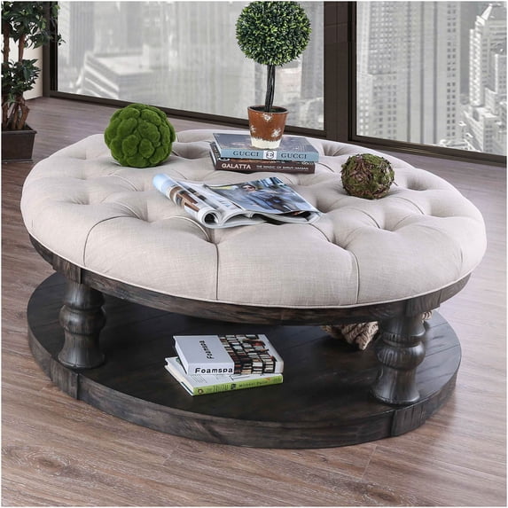 JERFIT 48 Inch Round Coffee Table with Shelf, Antique Grey Finish, Tufted Fabric Top, Rustic Solid Wood Base for Living Room