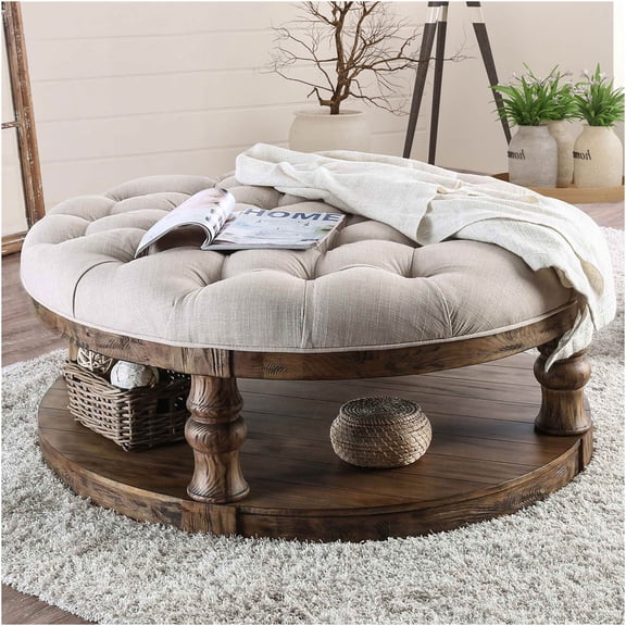 JERFIT 48 Inch Round Coffee Table with Shelf, Rustic Solid Wood Accent Table with Turned Legs and Antique Dark Oak Finish for Living Room