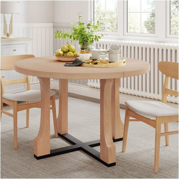 JERFIT 48 Inch Round Dining Table for 4, Farmhouse Pedestal Base Kitchen Table, Natural Black Solid Wood Top for Dining Room, Breakfast Nook, Small Space