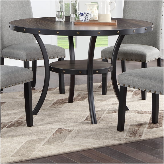 JERFIT 48 Inch Round Dining Table for 4, Rubber Wood Farmhouse Kitchen Table with Storage Shelf, Nailhead Accent, Natural Wood Finish