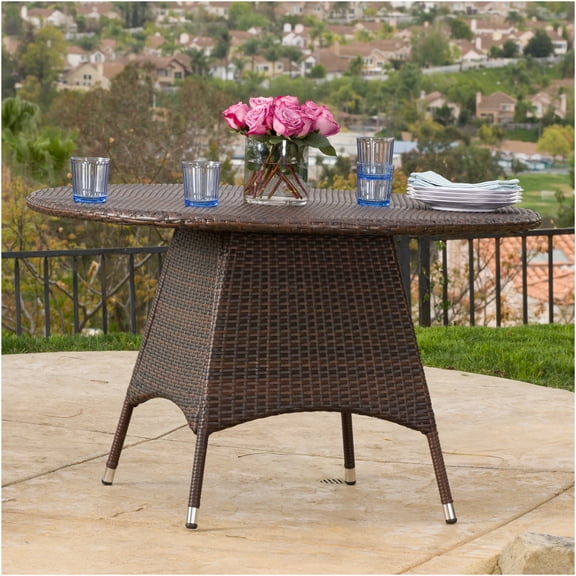 JERFIT 48 Inch Round Outdoor Dining Table, Brown Rattan Patio Table with Iron Frame, Water Resistant All-Weather Wicker for Garden, Porch, Poolside