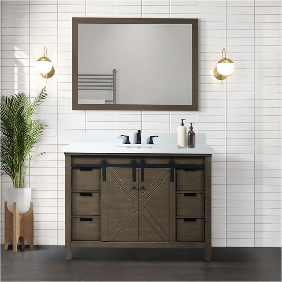 JERFIT 48 inch Rustic Brown Bathroom Vanity with Mirror, Wood Storage Cabinet with 6 Drawers & Open Shelf