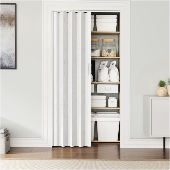 JERFIT 48 Inch Wide White Oak PVC Foldable Accordion Interior Door for Standard Door Openings