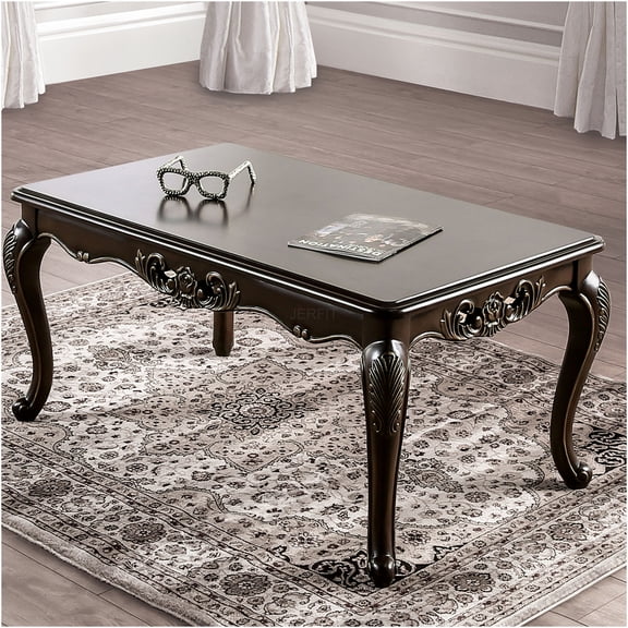 JERFIT 48" Traditional Java Brown Coffee Table with Carved Detailing & Cabriole Legs for Living Room