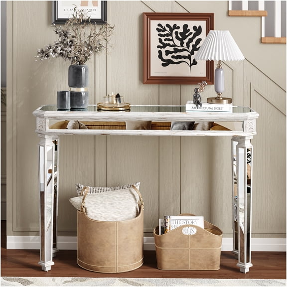 JERFIT 48" Vintage Art Deco Console Table with Mirror & Carved Wood Design for Entryway, Hallway or Living Room Sofa Table