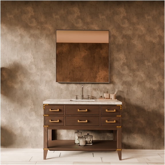 JERFIT 48 inch Bathroom Vanity Set with Carrara Marble Top, Single Sink Base, Chrome Faucet and Large Mirror in Brown Oak Finish