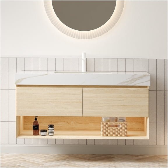 JERFIT 48 inch Floating Bathroom Vanity with Sink, Auto Sensor LED Light, Soft Close Drawers, Ceramic Basin & Calacatta Gold Sintered Stone Top, Pre-Assembled, Beige or Carrara White Finish