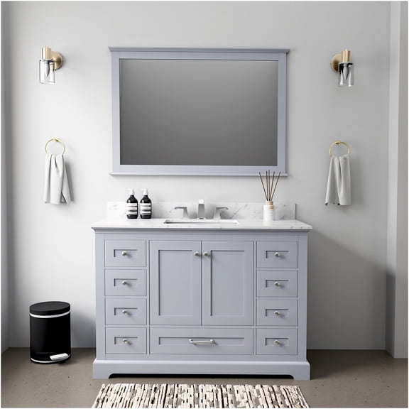 JERFIT 48 inch Modern Bathroom Vanity Set with Carrara Marble Top, Soft-Close Drawers, and Large Mirror for Master or Guest Bath