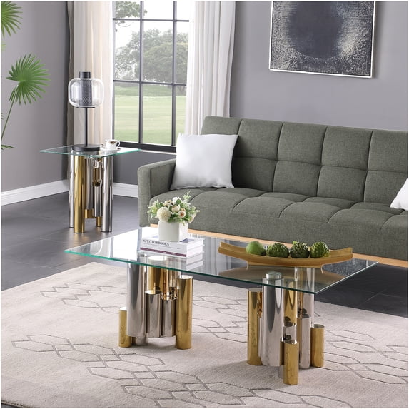 JERFIT 48 inch Modern Gold Coffee Table with Clear Tempered Glass Top, Stainless Steel Rectangular Cocktail Table for Living Room