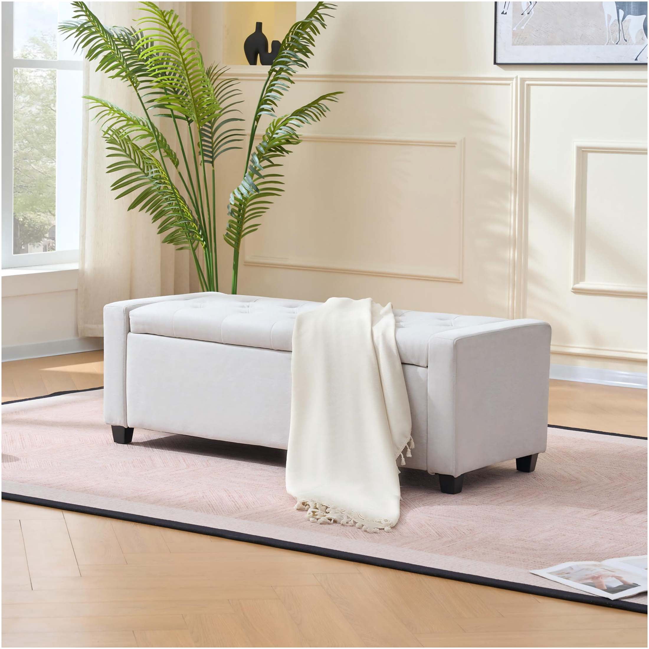 Bench Arm JERFIT 48 inch Upholstered Storage Bench with Arms, Faux Linen Fabric ...