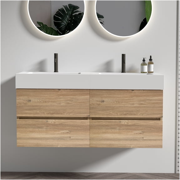 JERFIT 48 inch Wall Mount Floating Bathroom Vanity with Oak Engineered Quartz Sink, Soft Close Drawers, Modern White Glossy One-Piece Basin for Powder Room