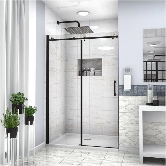JERFIT 48x76 Inch Single Sliding Shower Door Enclosure, 8mm Tempered Glass Bypass Bathroom Stall with Matte Black Frame, Reversible Opening for Tub