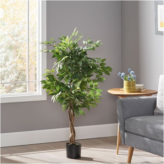 JERFIT 4FT Artificial Ficus Tree Potted, Faux Weeping Fig Tree with Natural Trunk for Home Office Decor, Realistic Green Plant (Iron & Plastic)