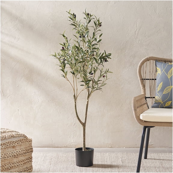 JERFIT 4ft Artificial Olive Tree Potted, Faux Olive Plant in Black Pot, Realistic Fake Tree with Lifelike Leaves for Home Office Indoor Outdoor Decor, Housewarming Gift