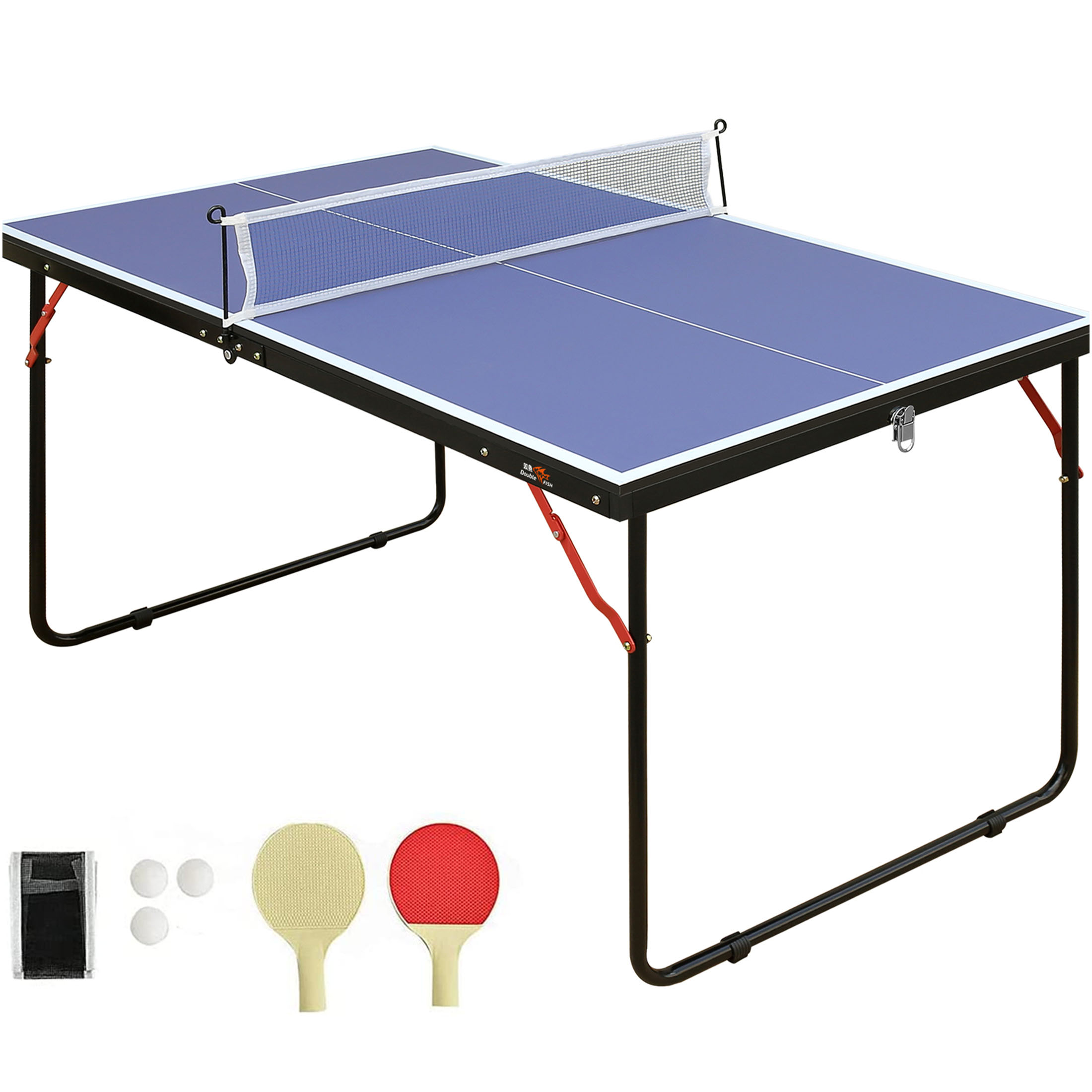 JERFIT 4ft Foldable Ping Pong Table Set with Net & Paddles, Compact MDF Table Tennis Table for Indoor Outdoor Use, Single-Sided Fold Design for Small Spaces, Blue