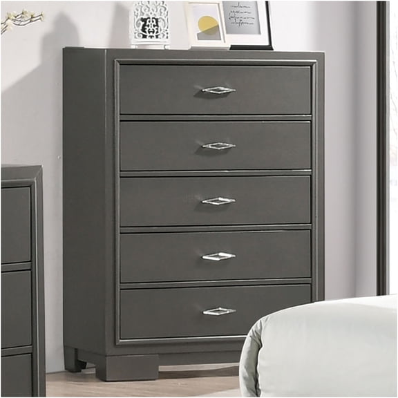 JERFIT 5-Drawer Acrylic Handle Chest of Drawers, Modern Bedroom Dresser with Bracket Feet, Metallic Gray Finish, Solid Wood Construction