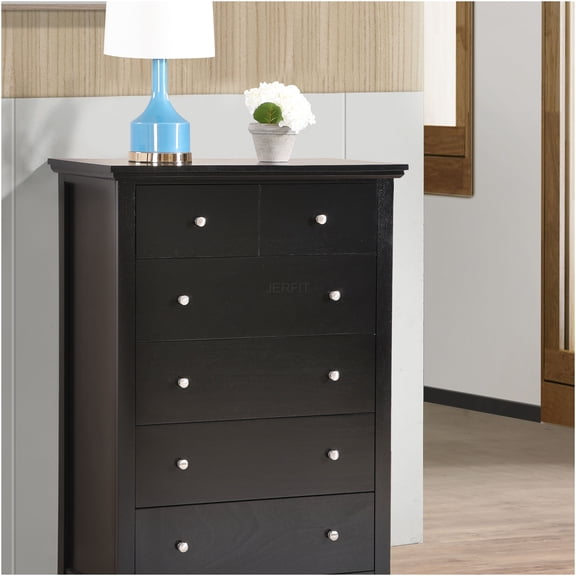 JERFIT 5-Drawer Black Chest Dresser, Fully Assembled Storage Cabinet for Bedroom, Particle Board with Wood Veneer, Nickel Hardware