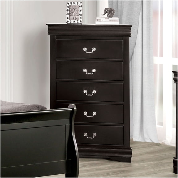 JERFIT 5-Drawer Chest, Black Solid Wood Storage Tower with Dovetail Drawers, Dust-Proof Case & Bracket Legs for Bedroom